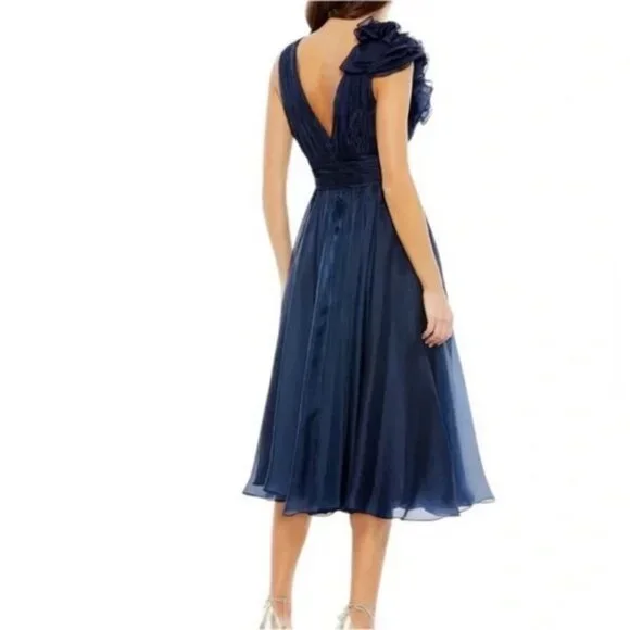 Mac Duggal Midnight Blue Empire Rosette Midi Dress